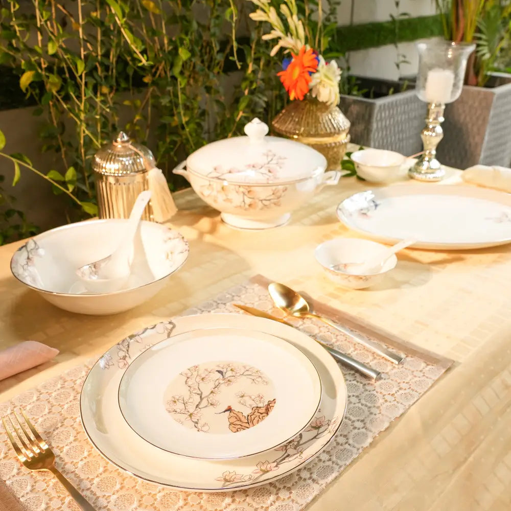 Avian Bloom Dinner Set – 35 & 48-Piece Bird & Floral Elegance - 48 PCS - Dinner set