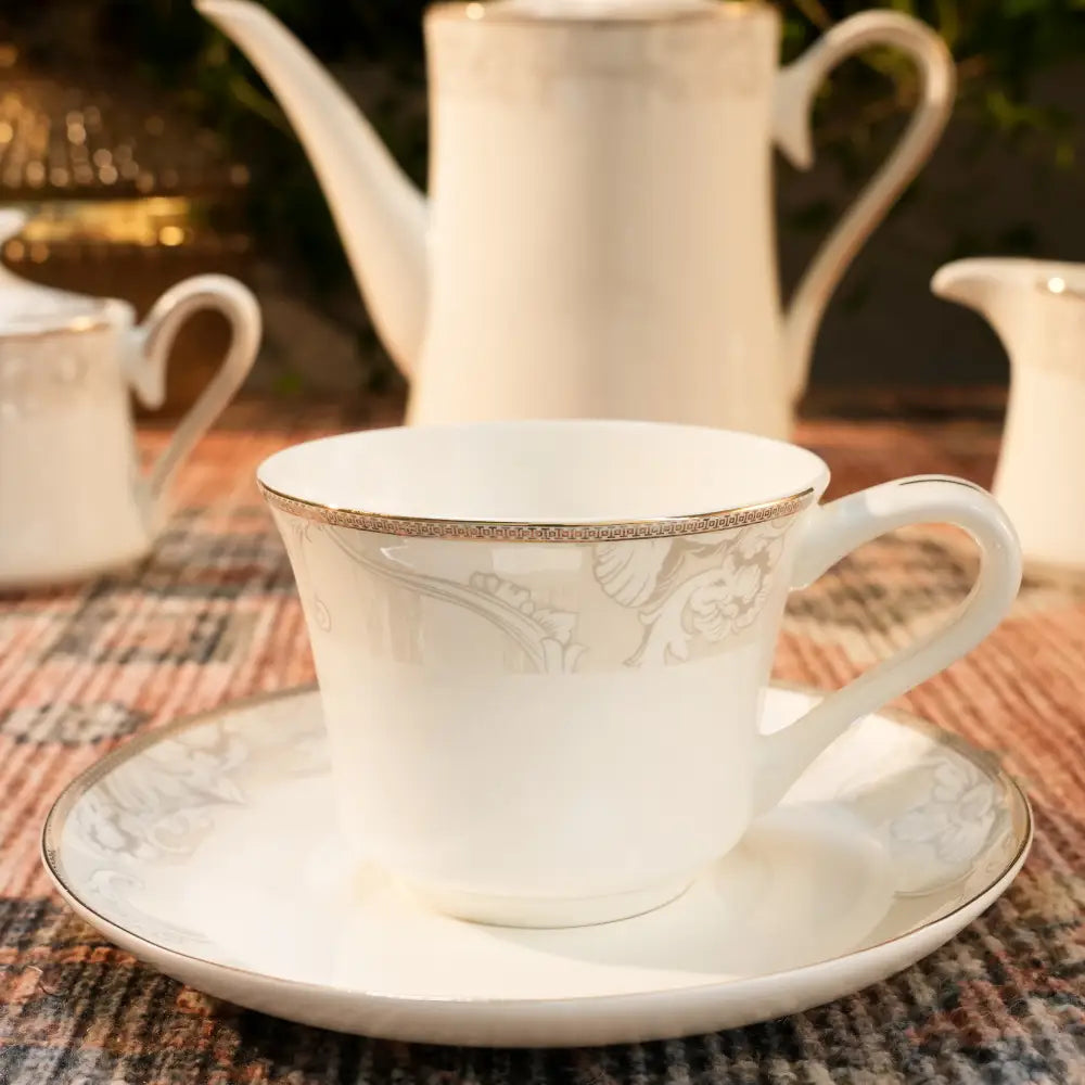 Premium White Cup & Saucer Set – Elegant Floral Design for a Luxurious Tea Experience - 17 PCS TEA SET - Cup Saucer